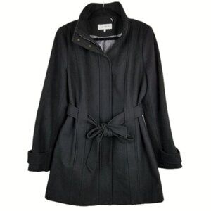 Calvin Klein | Black Wool Blend Belted Zip Snap Coat | 16